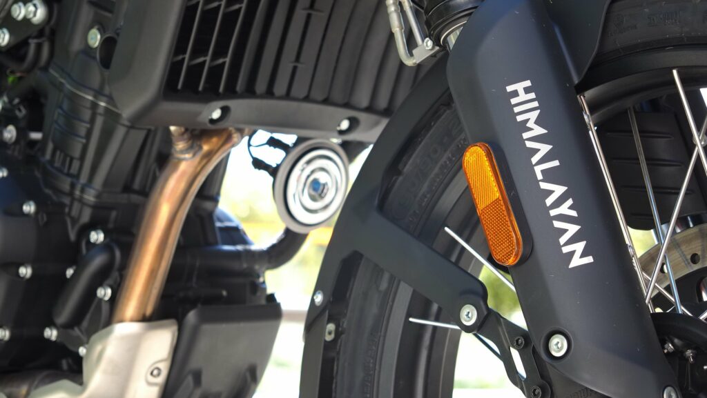 Front fork and spoked wheel of the Royal Enfield Himalayan 450